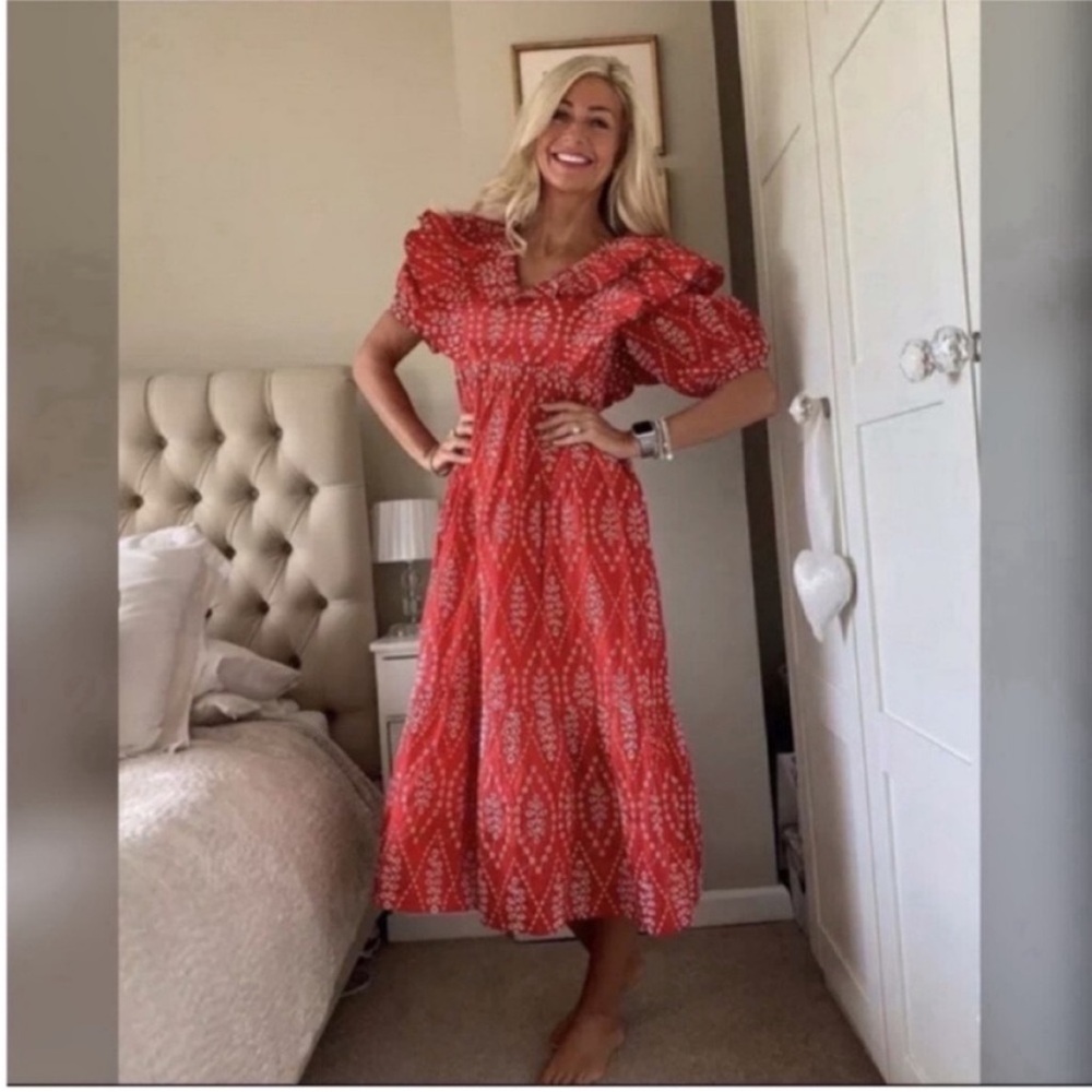 ZARA DRESS WITH CUTWORK EMBROIDERY PUFF SLEEVES MIDI RED - Picture 8 of 15